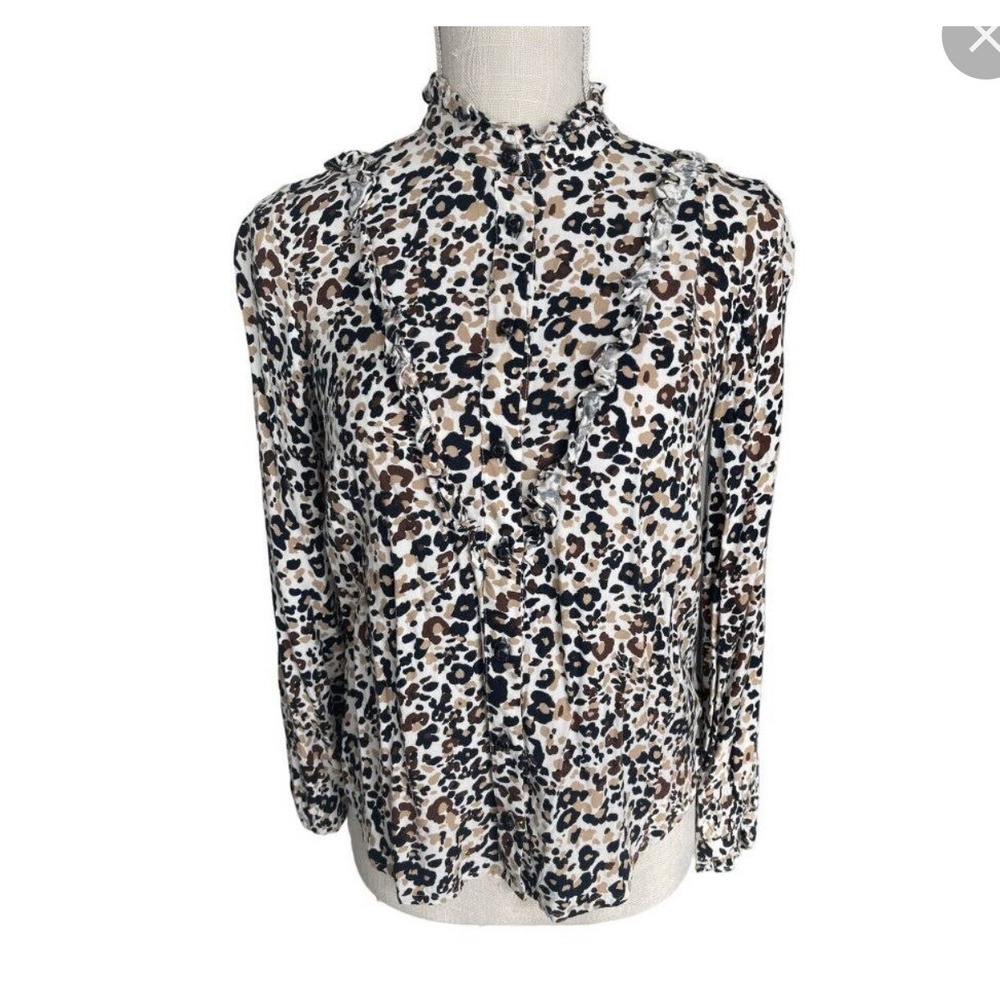 Anthropologie Maeve Katia Ruffled Trim Blouse Leopard Print Brown Size 8